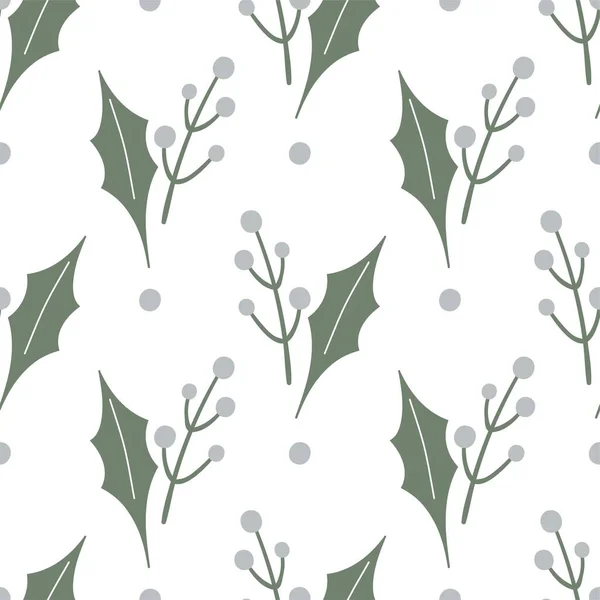 Зимний Ботанический Бесшовный Рисунок Белая Ягода Зеленый Лист Падуба — стоковый вектор