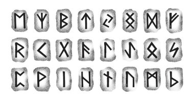 İskandinav Elder Futhark rünleri içeren bir vektör seti, taş dokular üzerine nokta çalışması tarzında hazırlanmış. Antik esrarengiz semboller.