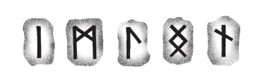 Taşlara kazınmış Futhark mührü. Beş sembollü vektör seti. İskandinav mitolojisi, Viking çağı. Ölçeklenebilir, tek renkli tasarım. Grafik projeleri için mükemmel. Isa, Mannaz, Laguz, Ingwaz, Nauthiz by nokta.
