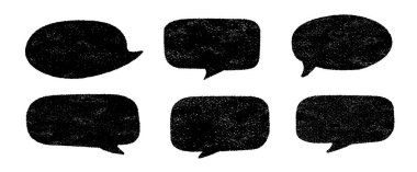Altı tane pastel boya tarzı konuşma baloncukları ve metin kutuları. Kaba tebeşir desenli el çizimi siyah şekiller. İletiler, çizgi romanlar, alıntılar veya grafik tasarım projeleri için ideal.