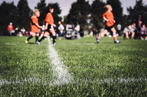 Selective Focus Ground Level View Soccer Field Center Line Defocused — Stock Photo, Image