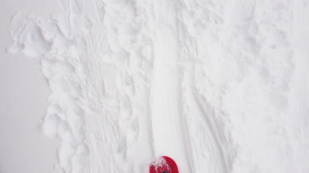 Widok Lotu Ptaka Dziecko Zjeżdżające Pokrytego Śniegiem Wzgórza Wysokiej Jakości — Wideo stockowe