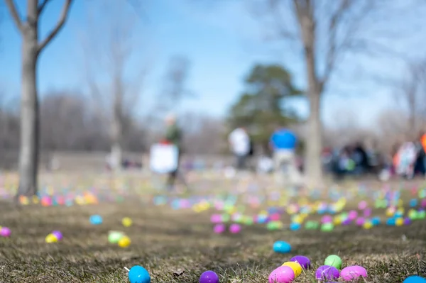 stock image Open field with hundreds of plastic Easter eggs for a kids public hunt. . High quality photo