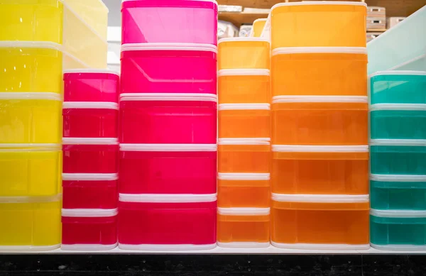 stock image Rows of multi-colored storage bin totes in a retail store shelving space. High quality photo