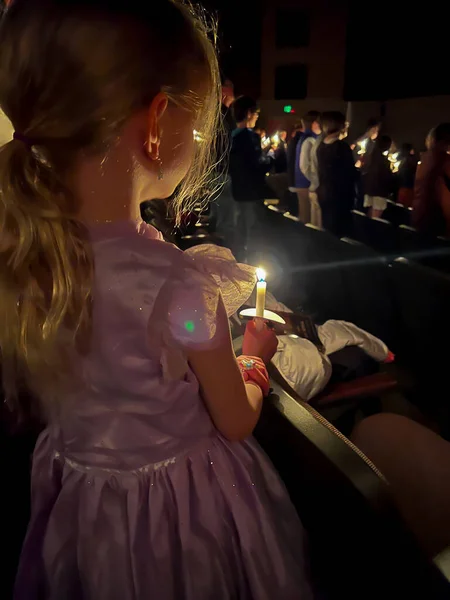 Caucasian Girl Dress Candle Light Church Service High Quality Photo — Stock Photo, Image