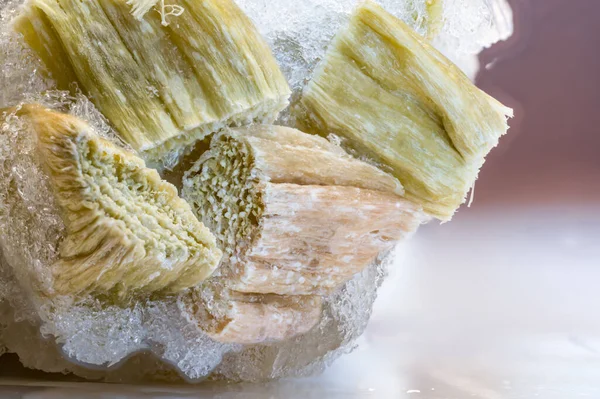 Focus stack of freezer burned rhubarb with ice crystals . High quality photo