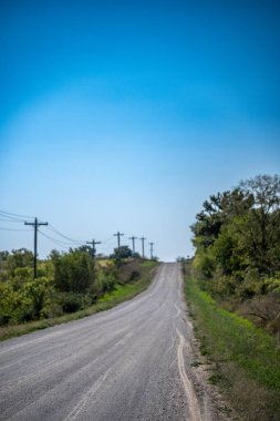 Elektrik hatları ve ağaçlarla kaplı çakıllı bir yola bakıyorum. Yüksek kalite fotoğraf