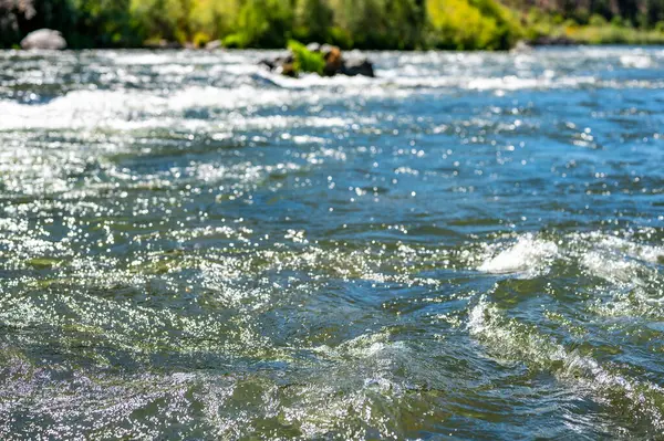 stock image defocused Water level view the wild and scenic Rogue River with rafters in the distance. . High quality photo