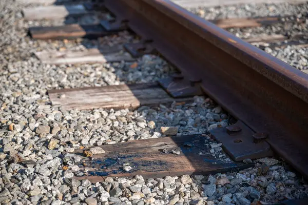 stock image Selective focus on creosote soaked railroad ties in place. High quality photo