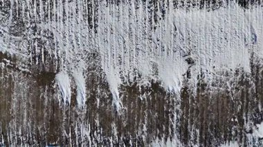 İnsansız hava aracı, karla kaplı bir tarla üzerinde uçuyor. Yüksek kalite 4k görüntü