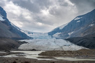Jasper Ulusal Parkı 'ndaki Athabasca Buzulu' na bakın. Bulutlu gökyüzü görülebilir. - Evet. Yüksek kalite fotoğraf