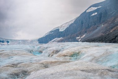 Jasper Ulusal Parkı 'ndaki Athabasca Buzulu' nda bulutlu bir gökyüzü ile eriyen buzdaki kırışıklıklar. Yüksek kalite fotoğraf