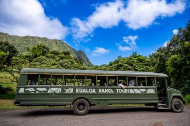  Kaneohe, Hawaii, ABD - 4.21.2025: Kualoa Ranch tur otobüsü ve dağılmış sürücüler. Yüksek kalite fotoğraf