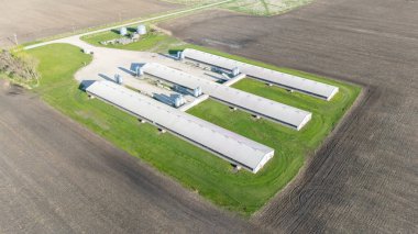 Kapalı bir hayvan operasyonu olan domuz binasının üstündeki hava manzarası. Yüksek kalite fotoğraf