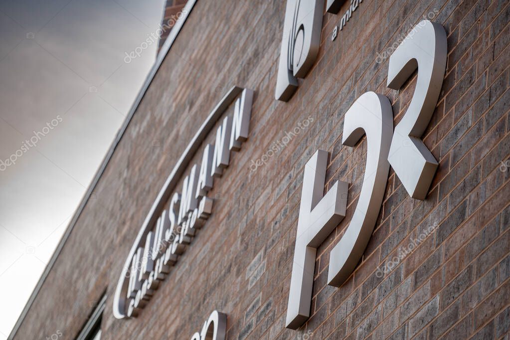 Sioux Falls, South Dakota, USA - 5.15.2025: Selective focus on the engineering firm HDR logo. High quality photo