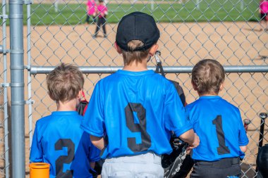 Genç T-ball oyuncuları kale levhasının arkasındaki bankta oturmuş vuruş yapmayı bekliyorlar. Yüksek kalite fotoğraf