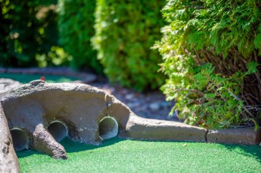 Mini golf sahasında yemyeşil yemyeşil tünellerle çevrili eşsiz bir yerleşim yeri bulunur. Oyuncular güneşli günün tadını çıkarırken canlı, yapay bölgede kendilerini sınıyorlar..