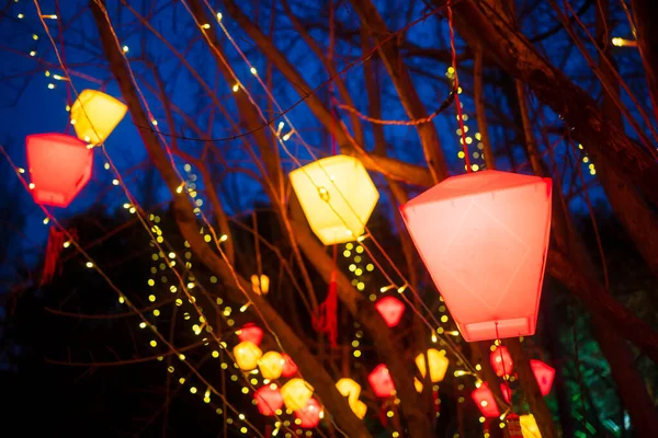 Chinese lanterns hanging on trees in a parkt at night for the Chinese new year