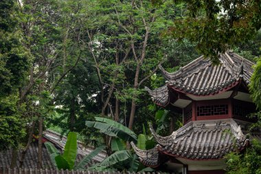 The image shows a traditional Chinese pavilion nestled in a lush, green forest. The temples architecture is characterized by its tiled roof and intricate wooden details. The surrounding trees are