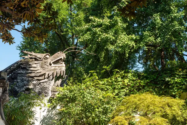 Ağaçlara karşı taş ejderha heykeli ve Yu Gardens, Şangay, Çin 'de açık mavi gökyüzü.