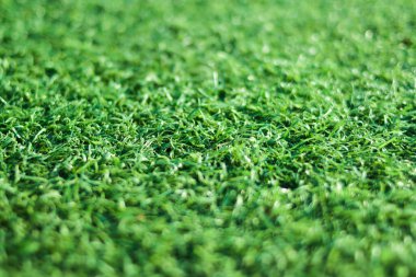 Yeşil yapay çim seçici bir odak ile kapanıyor. Kopyalama alanı olan yeşil yapay çimen arkaplanı.