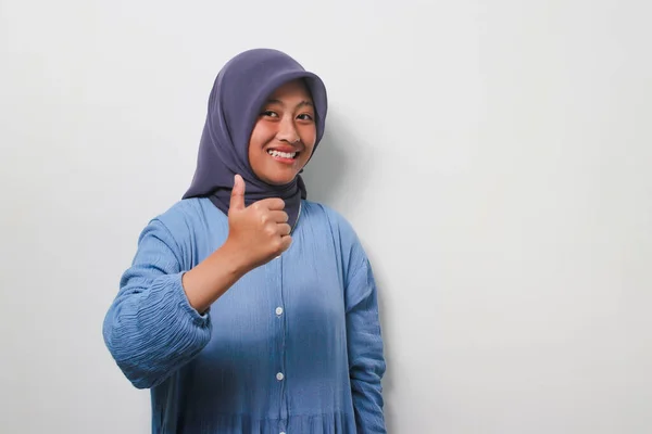 Cheerful Young Asian Girl Hijab Dressed Casual Shirt Making Thumbs — Stock Photo, Image
