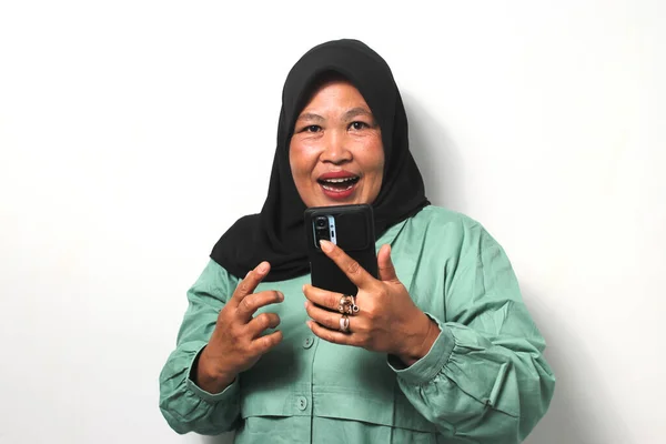 Véu Smartphones Alegre Mulheres Estilo Vida Menina Asiáticos Animado Sorriso — Fotografia de Stock