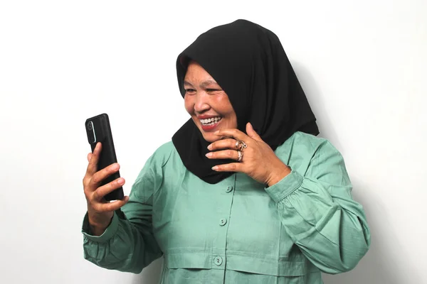 Velo Smartphone Alegre Mujeres Estilo Vida Chica Asiático Emocionado Sonrisa —  Fotos de Stock