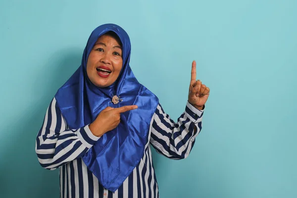 Excited Middle Aged Asian Woman Wearing Blue Hijab Striped Shirt — Stock Photo, Image