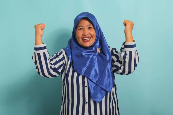 Enthusiastic Middle Aged Asian Woman Blue Hijab Striped Shirt Saying — Stock Photo, Image