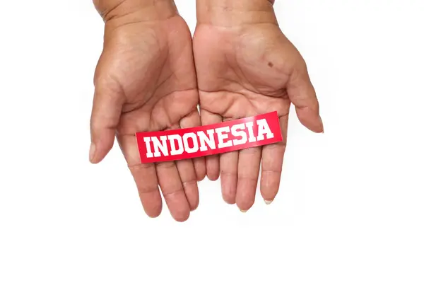 Mão Segurando Papel Texto Indonésia Com Espaço Cópia Vazio Isolado — Fotografia de Stock
