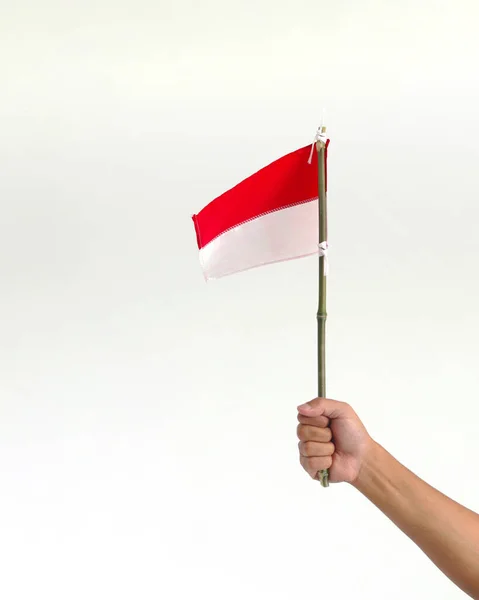 Tangan Memegang Bendera Indonesia Kecil Pada Tongkat Bambu Kecil Terisolasi — Stok Foto