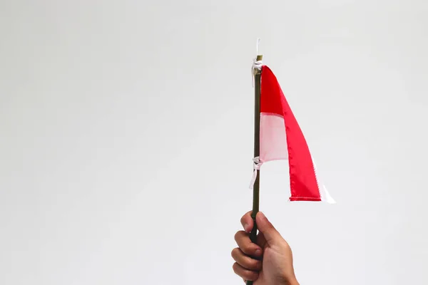 Hand holding a small Indonesia flag on a little bamboo stick, isolated on a white background.