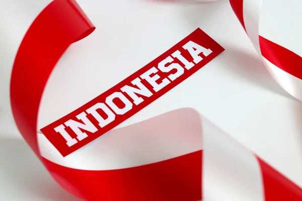 Szó Indonézia Papírra Írva Egy Piros Fehér Szalaggal Üres Másolótér — Stock Fotó