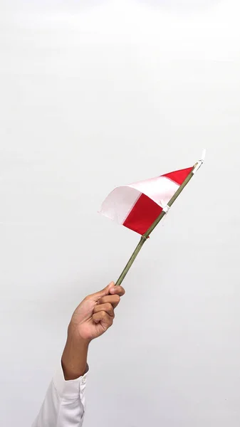 Han Segurando Uma Pequena Bandeira Indonésia Isolada Fundo Branco — Fotografia de Stock