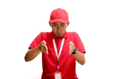 Asian delivery man is gesturing a small size with his finger, indicating something not very big, demonstrate tiny size gesture. Insecurity and lack of confidence concept. Isolated on white background clipart