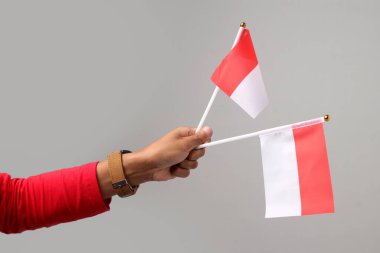 Beyaz arka planda izole edilmiş Endonezya bayrağını tutan el.