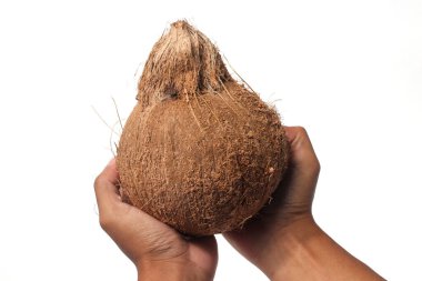 Elinde kahverengi kabuğu olan hindistan cevizi. Beyaz bir arkaplanda izole edilmiş