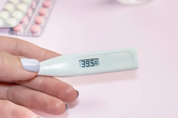 In a female hand is a white electronic thermometer a high temperature. Elevated body temperature. Measured body temperature during illness. High quality photo