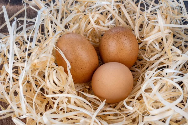 Three eggs in a nest. Homemade chicken eggs. Brown chicken eggs. Chicken eggs close up. High quality photo