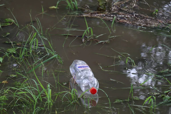 discarded single-use plastic bottle floating in the water