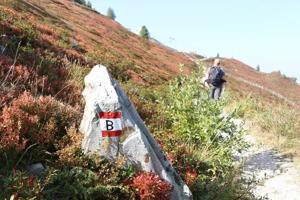 rock with painted hiking trail sign on a mountain and a bokeh male hiker in the background