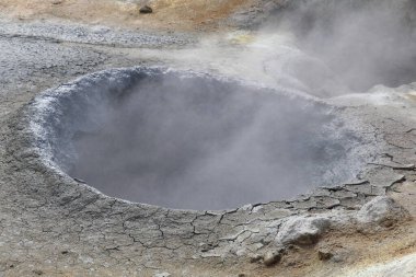 Koyu gri çamur İzlanda 'nın Namaskard jeotermal bölgesinde jeotermal bir çömlekte kaynayıp köpürüyor.