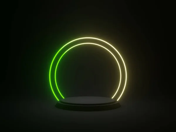 Siyah Geometrik Podyum Gradyan Yeşil Sarı Neon Işıkları — Stok fotoğraf