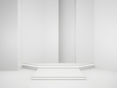 3D render White Sci-Fi product display background. Scientific podium with white neon lights.