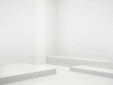 3D render White Sci-Fi product display background. Scientific podium with white neon lights.