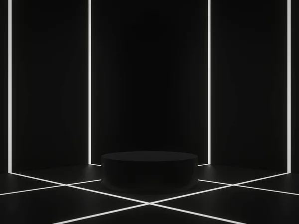 Gerendertes Schwarzes Geometrisches Podium Mit Weißen Neonlichtern — Stockfoto
