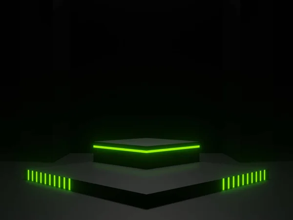 Renderat Svart Geometriskt Podium Med Grönt Neonljus — Stockfoto