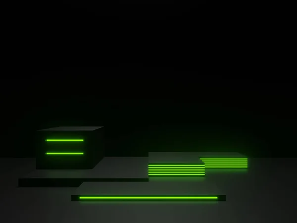 Yeşil Neon Işıklı Siyah Geometrik Podyum — Stok fotoğraf
