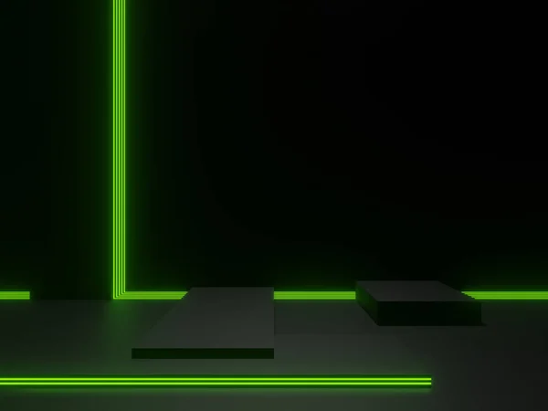 Yeşil Neon Işıklı Siyah Geometrik Podyum — Stok fotoğraf